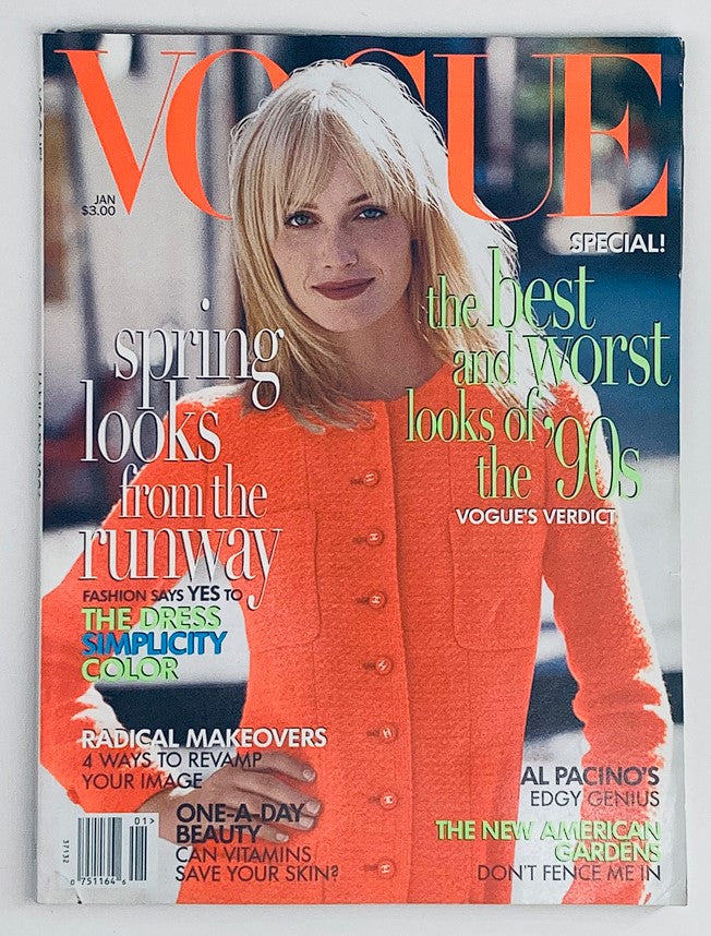 Cover of Vogue Magazine January 1996 featuring Amber Valletta, showcasing spring fashion trends, with highlights on the best and worst looks of the '90s, including Al Pacino's edgy genius.