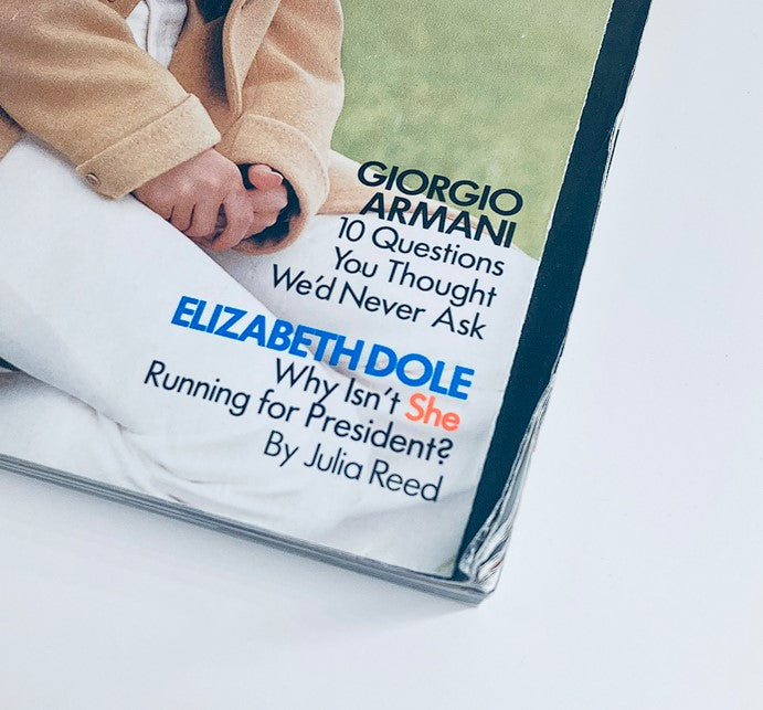 Detailed view of the Vogue Magazine August 1996 Cover, highlighting articles including an interview with Giorgio Armani, hosted by Gwyneth Paltrow.