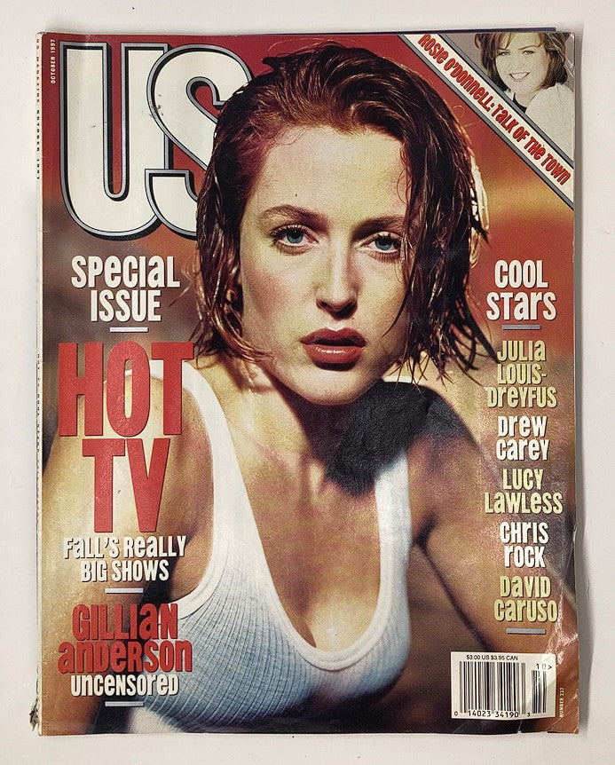 Cover of US Magazine October 1997 featuring Gillian Anderson Uncensored. The cover highlights 'Hot TV' and includes names of other stars like Julia Louis-Dreyfus and Lucy Lawless.