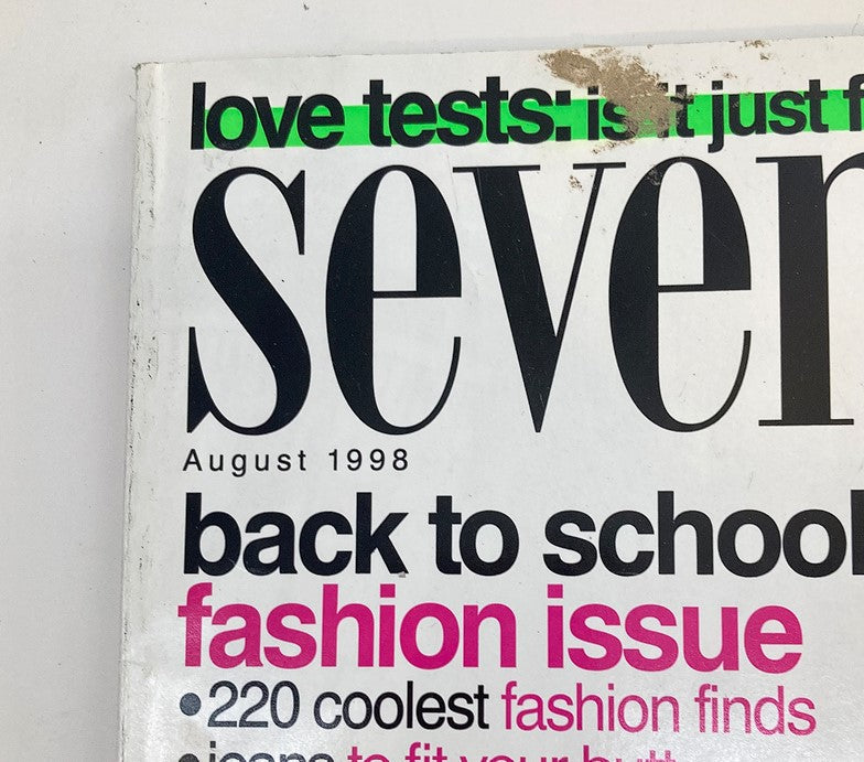 Top of Seventeen Magazine August 1998 cover displaying article titles and themes related to back-to-school fashion and pop culture.