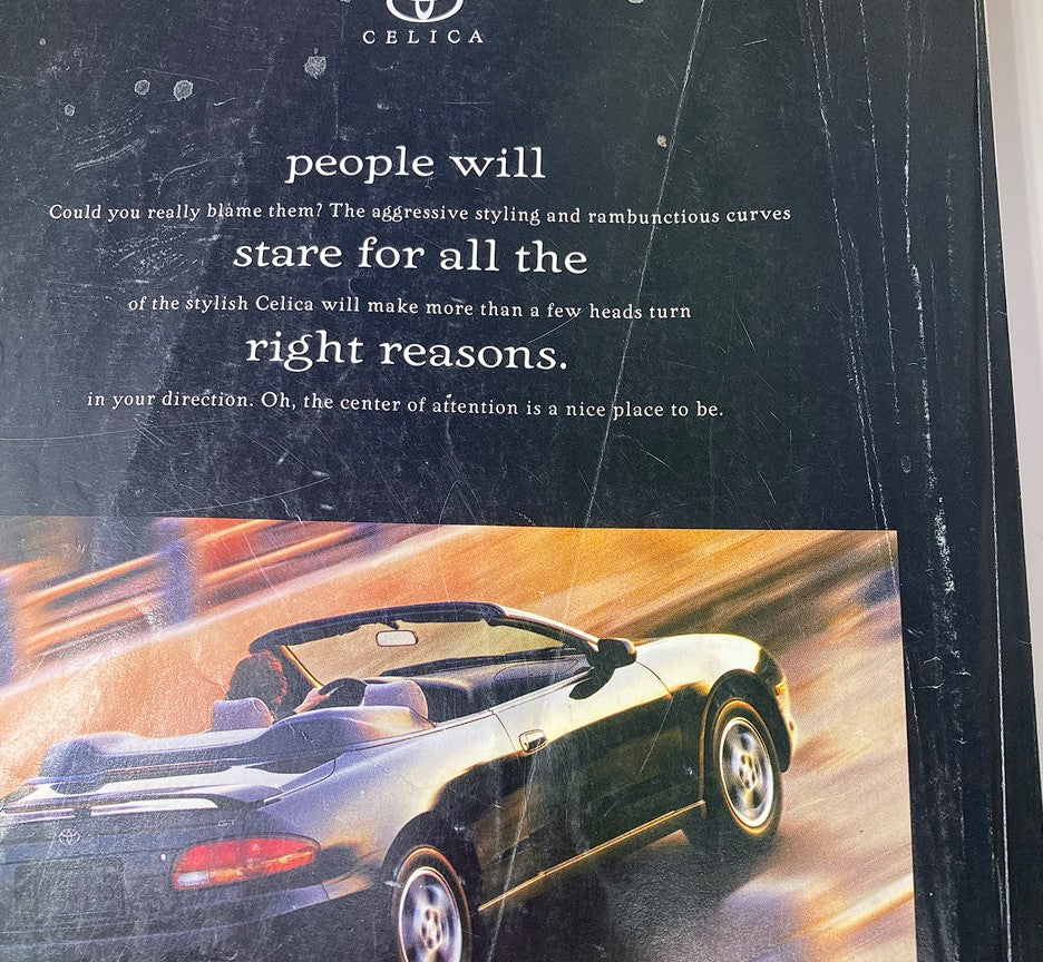 Promotional image from the InStyle Magazine June 1998, showcasing a Toyota Celica convertible with text describing its attractive styling and presence on the road.