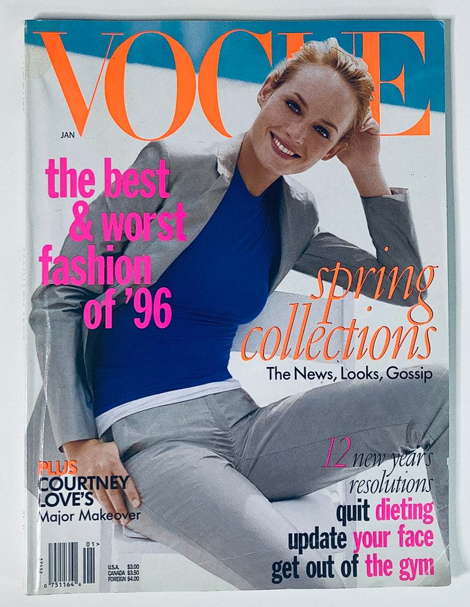 Cover of Vogue Magazine January 1997 featuring Amber Valleta, highlighting the best and worst fashion of '96, with a feature on Courtney Love's major makeover.