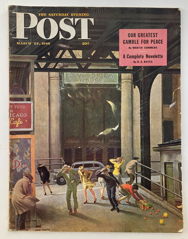 The Saturday Evening Post March 23, 1946 cover featuring the illustration titled 'Our Greatest Gamble For Peace' showcasing a busy city scene outside the Civic Opera House.