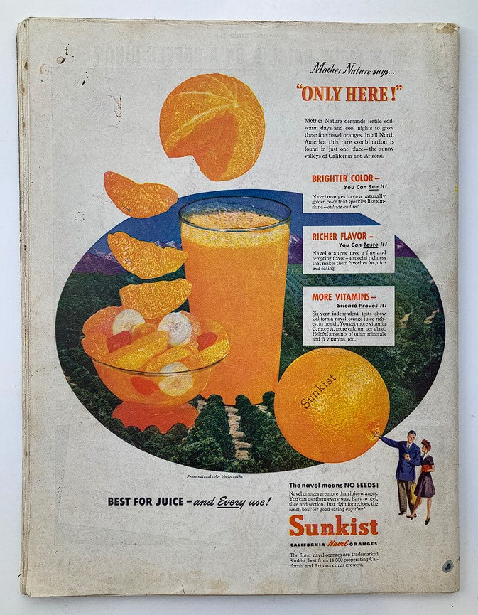 Back cover of The Saturday Evening Post from March 23, 1946, showcasing a vintage advertisement for Sunkist oranges with graphics highlighting their bright color and rich flavor.