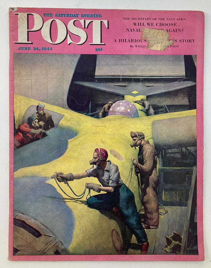 Cover of The Saturday Evening Post dated June 24, 1944, featuring the title 'Keep Moving, Captain Botts!' with illustrations of workers preparing aircraft.