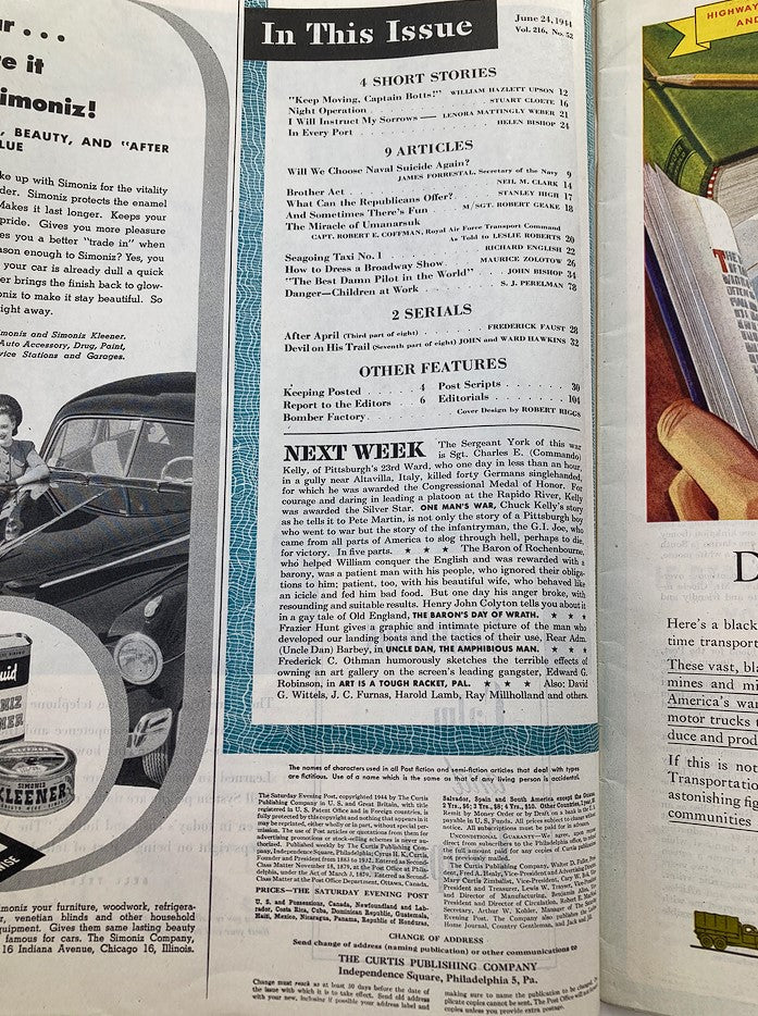Inside page of The Saturday Evening Post dated June 24, 1944, showing the contents including stories and articles.