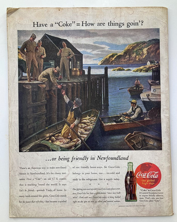 Back cover of The Saturday Evening Post dated June 24, 1944, featuring a Coca-Cola advertisement with a scene of people by the water.