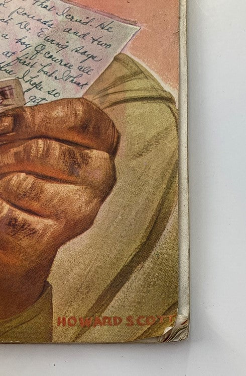 Close-up view of The Saturday Evening Post June 17 1944 Father's Day Cover by Howard Scott, showcasing the artist's signature and the details of the vibrant illustration.