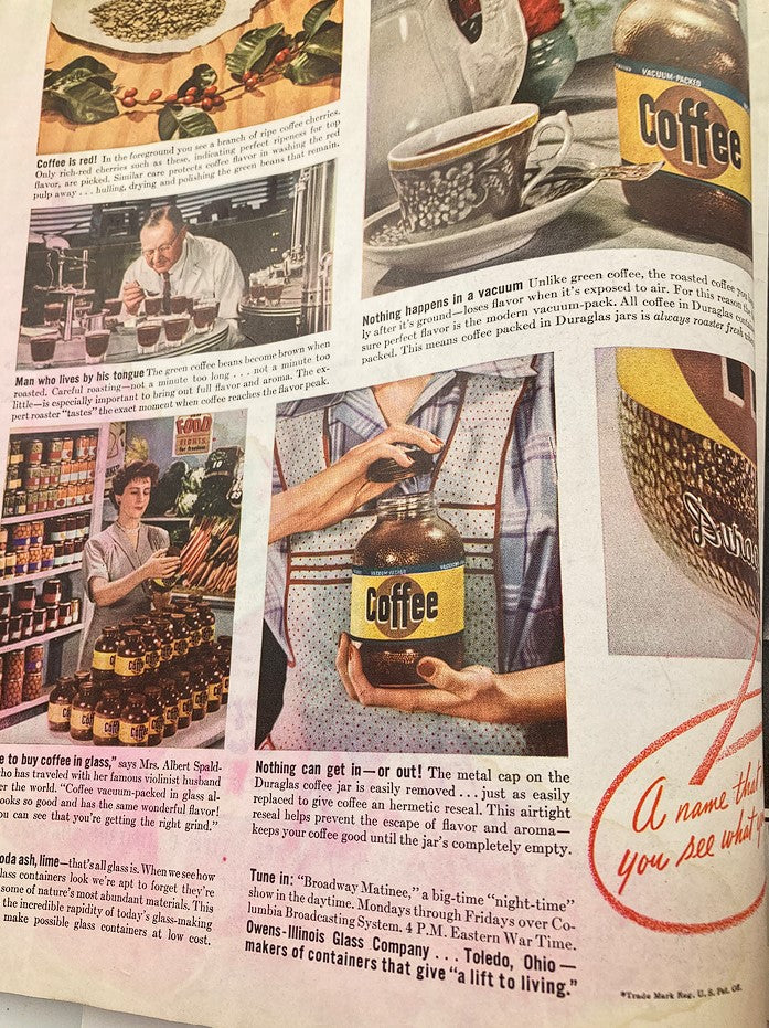 Vintage advertisement for Duraglas coffee jars showcasing the history and appeal of coffee storage. Features mid-century styling with details about the freshness of coffee. Title: The Saturday Evening Post June 17 1944 Father's Day Cover by Howard Scott.
