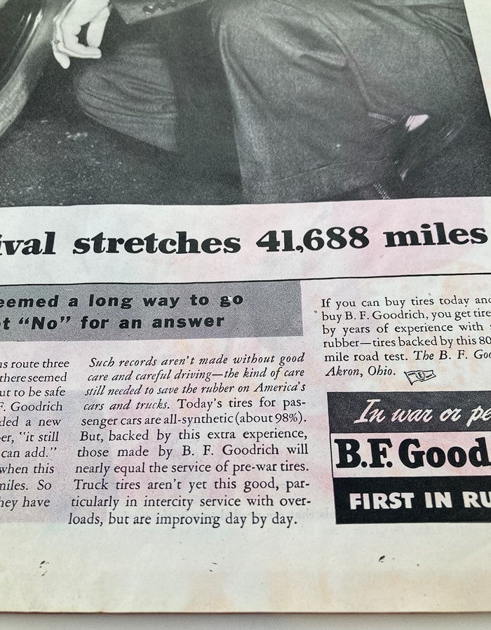 An article discussing B.F. Goodrich tires and their longevity, highlighting advancements in rubber technology post-World War II. Title: The Saturday Evening Post June 17 1944 Father's Day Cover by Howard Scott.