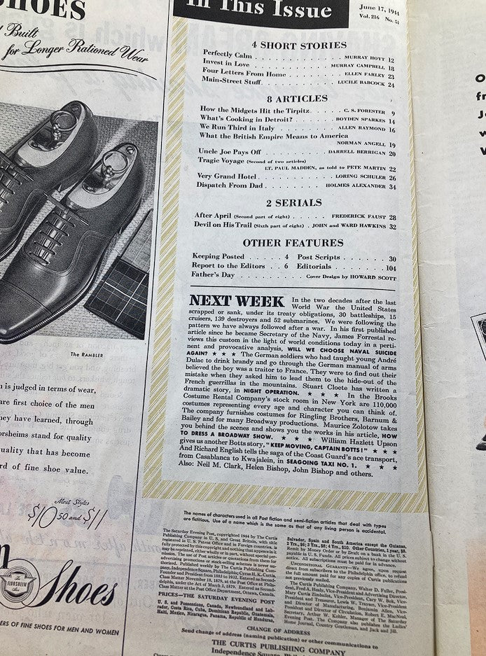 Table of contents from The Saturday Evening Post, dated June 17, 1944, featuring articles and stories relevant to the era, including a Father's Day feature. Title: The Saturday Evening Post June 17 1944 Father's Day Cover by Howard Scott.
