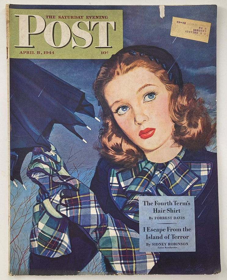 Cover of The Saturday Evening Post from April 8, 1944, featuring the artwork 'April Showers' by Alex Ross, depicting a woman with red hair and blue eyes holding an umbrella.
