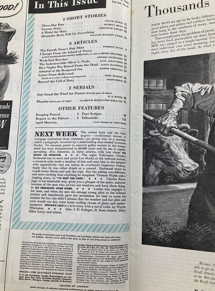 Interior page of The Saturday Evening Post April 8, 1944, listing articles and features, including the cover art by Alex Ross titled 'April Showers'.