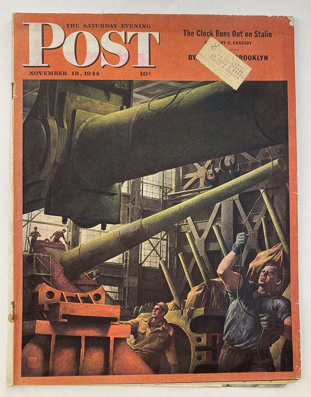 Cover of The Saturday Evening Post, November 18, 1944, illustrated by Robert Riggs, showcasing a gun factory scene amid World War II.