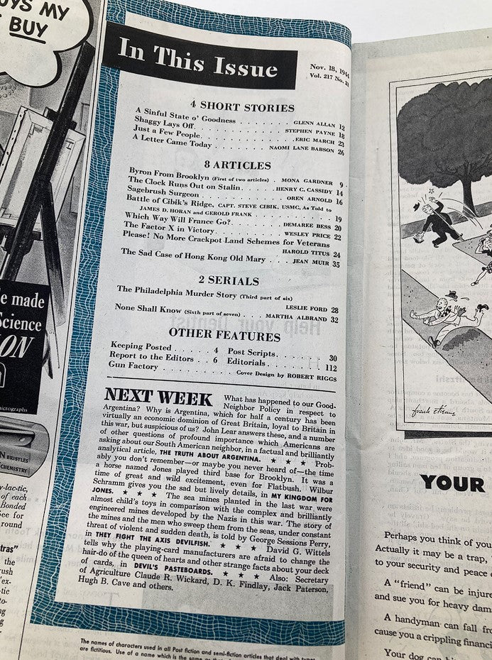 Contents page from The Saturday Evening Post, November 18, 1944, named Gun Factory, featuring articles and features of the issue.