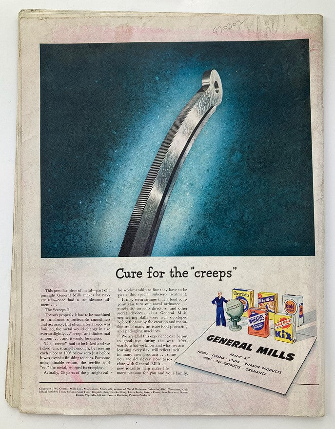 The Saturday Evening Post November 18 1944 Gun Factory Cover by Robert Riggs, featuring an advertisement for General Mills with the text 'Cure for the creeps', showcasing a metallic component against a blue background and displaying various product boxes.
