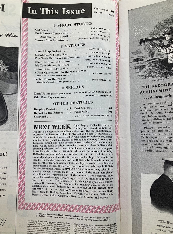 Inside page of The Saturday Evening Post February 26 1944 displaying the table of contents, listing articles and stories, with a focus on the cover design by Fred Ludekens.