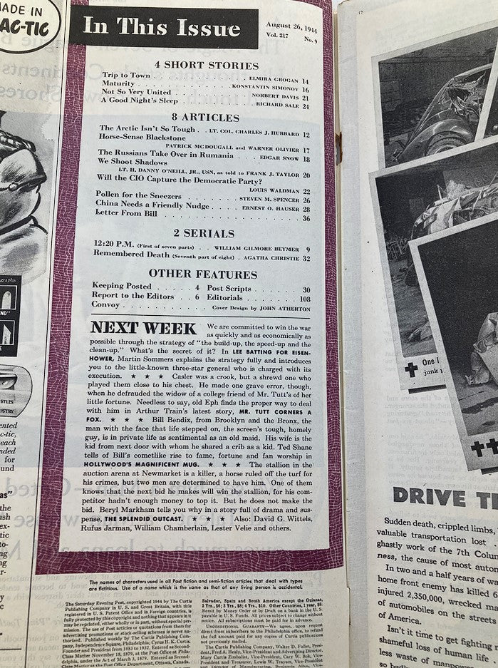 Page from The Saturday Evening Post August 26 1944 issue, showcasing the table of contents with a focus on articles and features highlighted from that era.