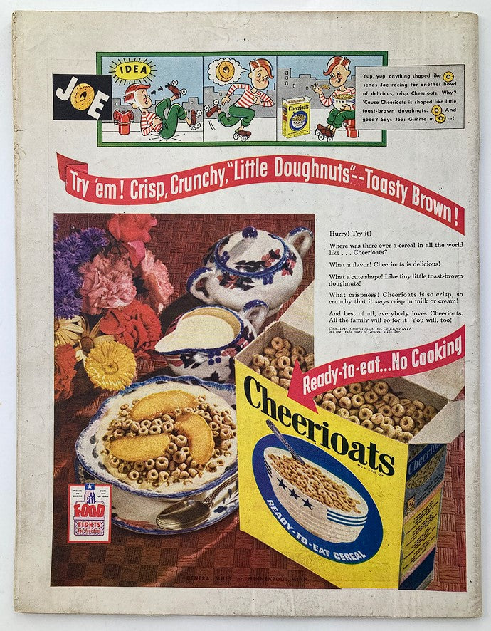 Vintage advertisement for Cheerioats cereal, featuring a bowl of cereal with honey, and cartoon characters promoting the product. This image is associated with the Saturday Evening Post August 26 1944 Convoy Cover Design by John Atherton.