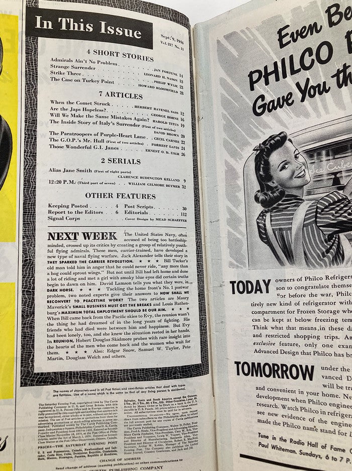 Table of contents page from The Saturday Evening Post, September 9, 1944, listing articles and features including Signal Corps, designed by Mead Schaeffer.