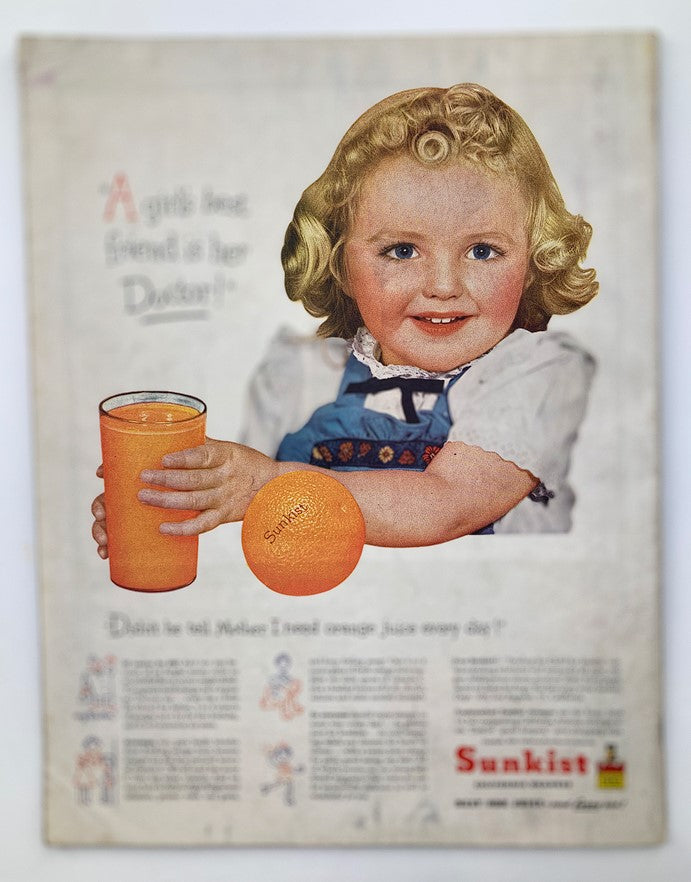 Vintage advertisement from The Saturday Evening Post featuring a young girl holding a Sunkist orange and a glass of orange juice, promoting health and wellness.