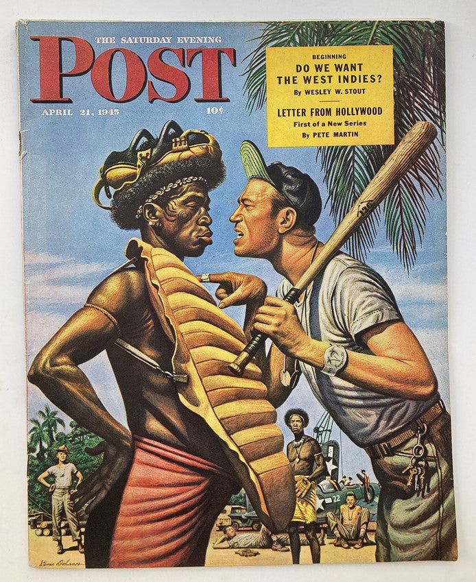 The Saturday Evening Post April 21, 1945 cover featuring a dramatic illustration from 'The South Pacific League' by Stevan D. depicting a confrontation in a tropical setting.