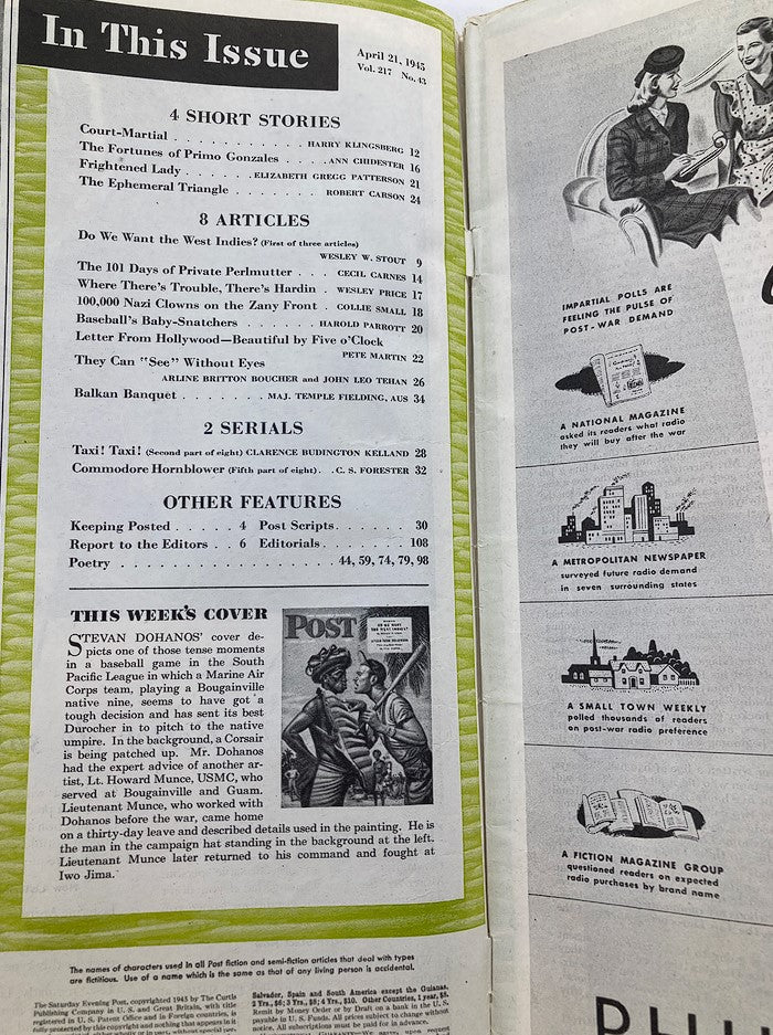Inside page of The Saturday Evening Post April 21, 1945 listing the contents, including short stories and articles, alongside prominent imagery related to 'The South Pacific League'.