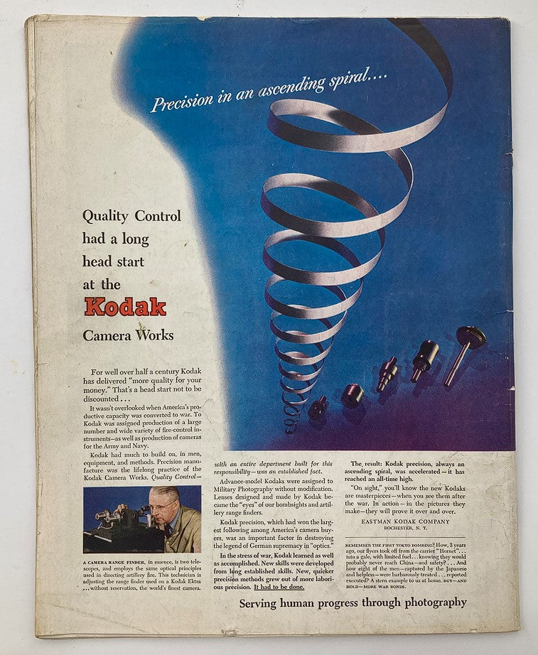 Back cover of The Saturday Evening Post April 21, 1945 featuring an advertisement for Kodak highlighting the precision of their camera works, linking to the magazine's historical context.