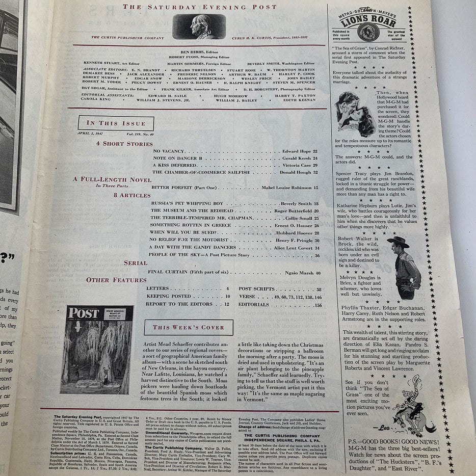 Inside page of The Saturday Evening Post April 5, 1947 showing the table of contents and featured articles, including short stories and notable features from that issue.