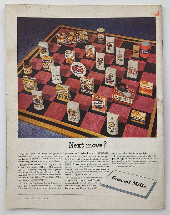 Back cover of The Saturday Evening Post March 8, 1947 displaying a colorful advertisement featuring various General Mills products arranged like a chessboard.