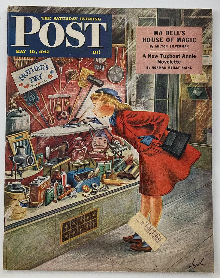 Cover of The Saturday Evening Post dated May 10, 1947, featuring a woman in a red coat examining items in a shop window, with 'Mother's Day' highlighted.