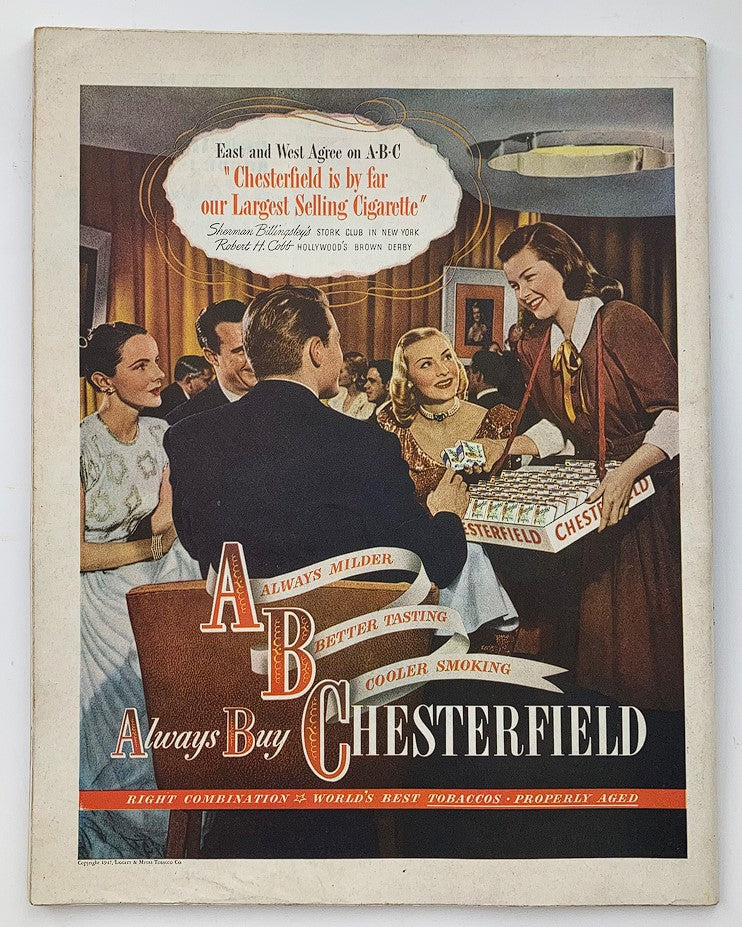 Advertisement page from The Saturday Evening Post May 10, 1947, promoting Chesterfield cigarettes with images of people socializing and enjoying the product.