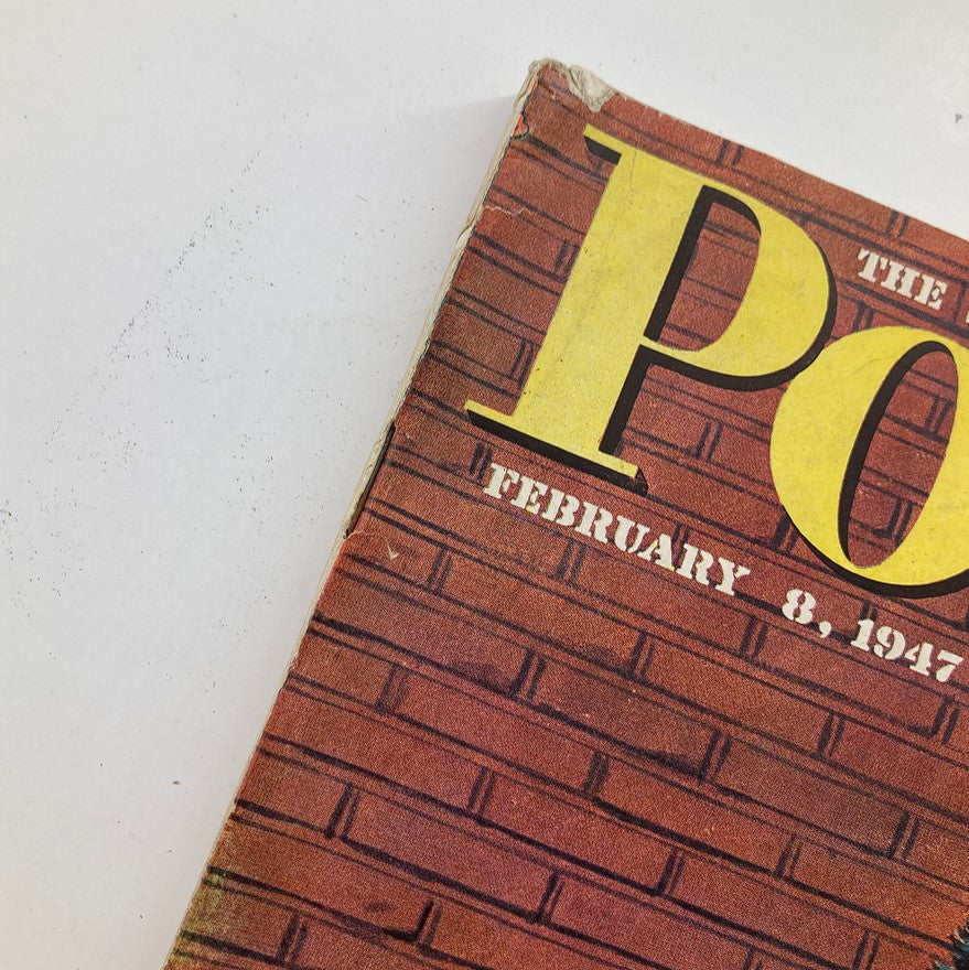 The Saturday Evening Post February 8 1947 magazine cover detail, showcasing the title in bold yellow over a brick background.