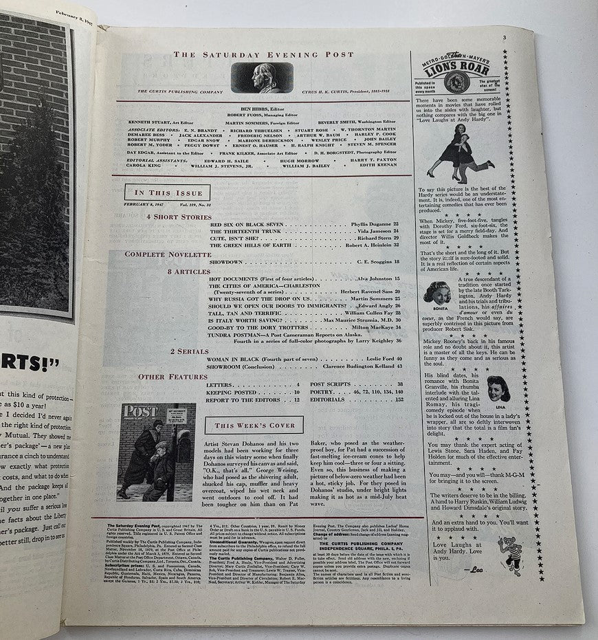 Interior page of The Saturday Evening Post February 8, 1947 listing contents and articles, including a description of this week's cover art by Dohanos.