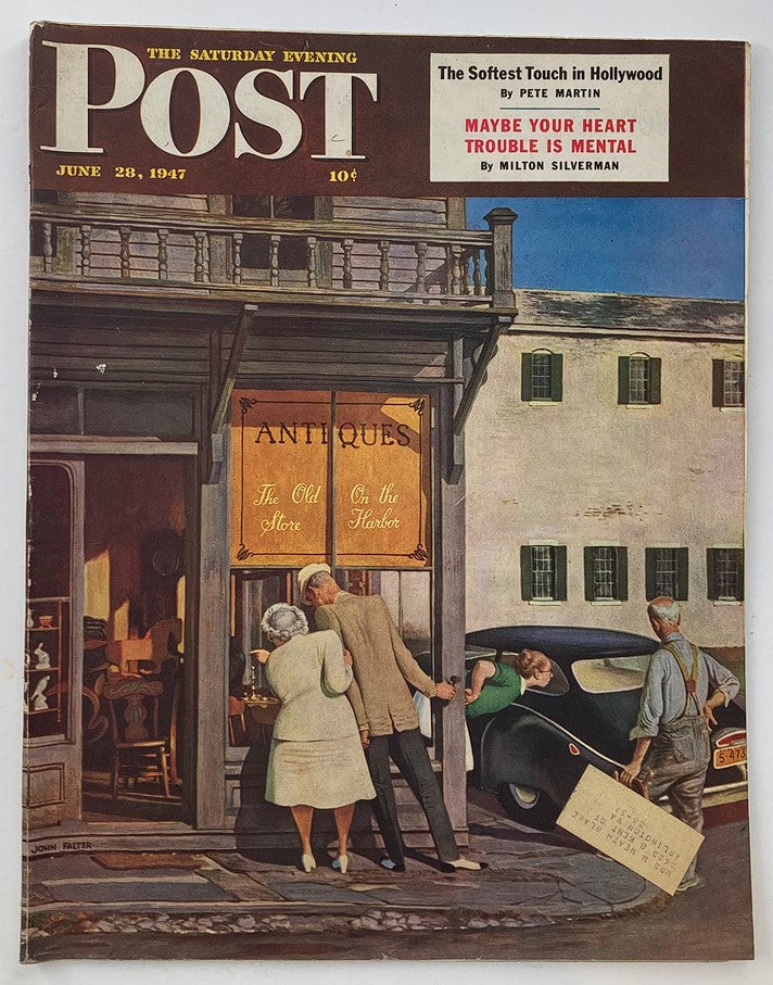 Cover of The Saturday Evening Post from June 28, 1947, featuring a charming illustration by John Falter, showcasing Connecticut residents in front of an antique store.
