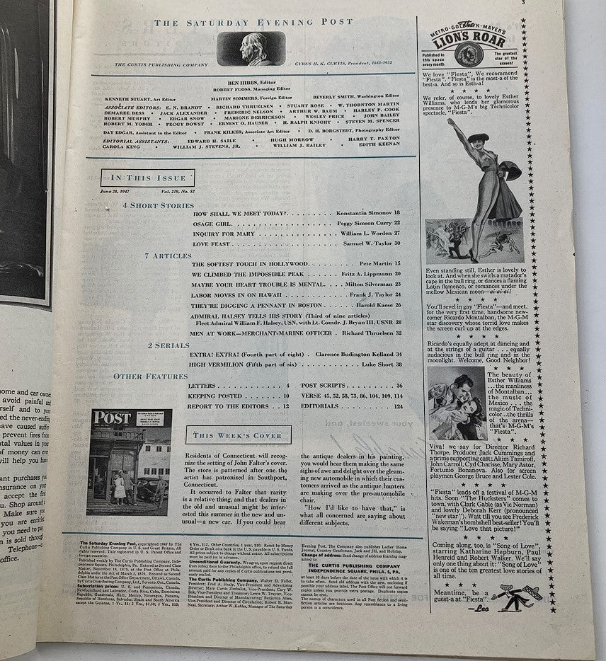 Inside page of The Saturday Evening Post dated June 28, 1947, displaying the contents and features of the magazine, including stories and illustrations.