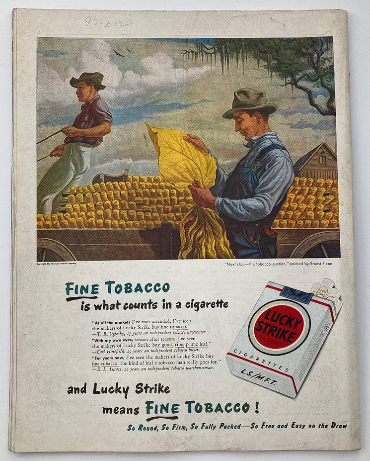 Back cover of The Saturday Evening Post from June 28, 1947, featuring a vintage advertisement for Lucky Strike cigarettes, highlighting fine tobacco.