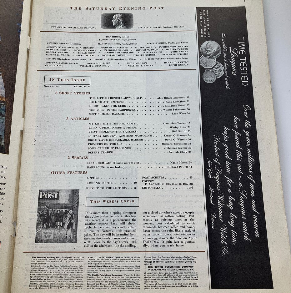 Interior page of The Saturday Evening Post from March 29, 1947, showcasing the table of contents and details of featured articles, including mentions of the cover art and stories from that issue.