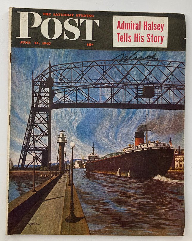 Cover of The Saturday Evening Post from June 14, 1947, featuring the artwork 'Ship Canal of Duluth' by John Atherton, showcasing a vibrant maritime scene with ships and industrial architecture.