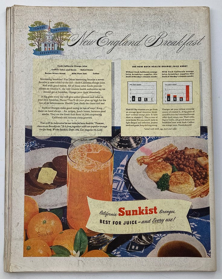 The Saturday Evening Post June 14 1947 showcasing an advertisement for California Sunkist oranges alongside a delicious breakfast layout, reflecting the advertising style of the era.