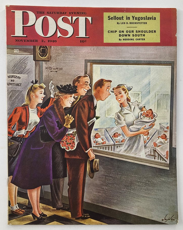 The Saturday Evening Post November 2, 1946 cover featuring an illustration by C. Alajalov depicting a joyous scene outside a hospital nursery, showcasing post-war American culture.