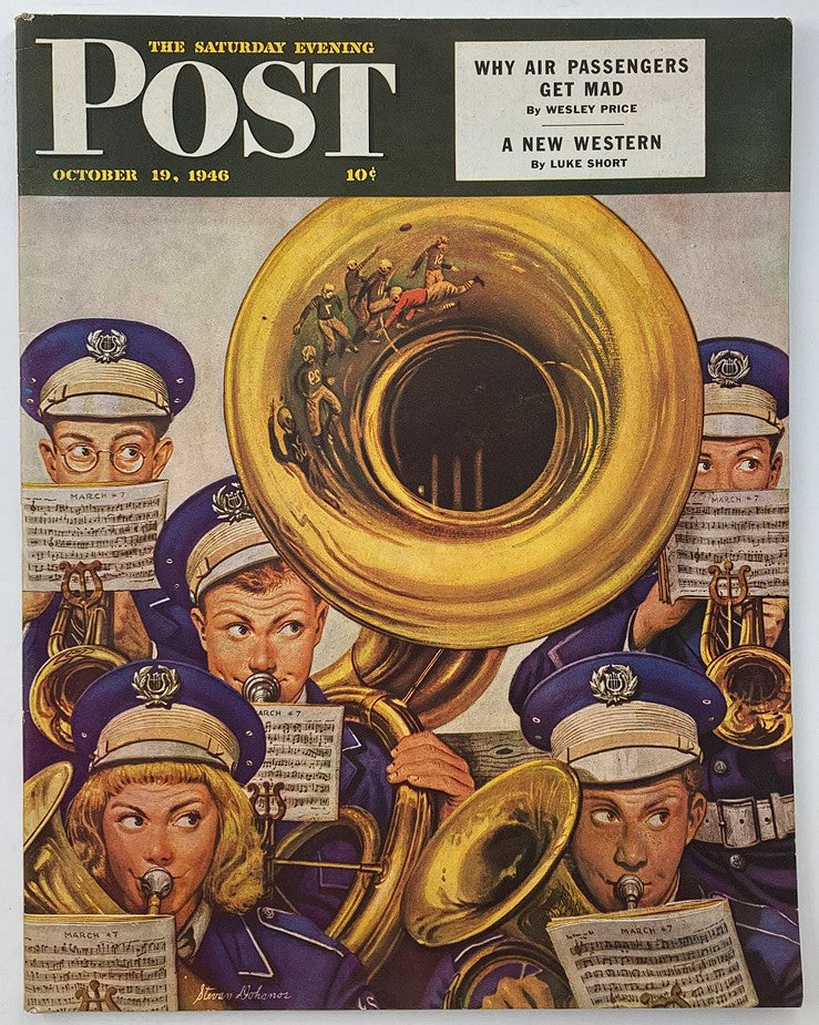 Cover page of The Saturday Evening Post, October 29, 1946, featuring the article 'Why Air Passengers Get Mad' by Wesley Price, showcasing musicians in uniform playing instruments such as a tuba.