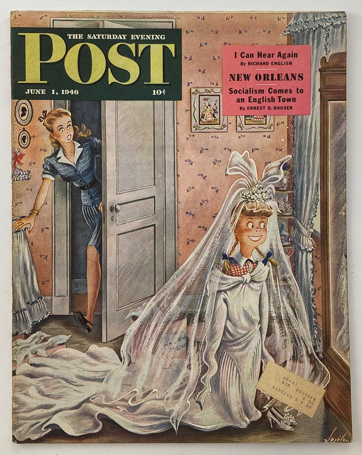 Cover of The Saturday Evening Post June 1, 1946 featuring the story "I Can Hear Again" by Richard English, with a whimsical illustration of a bride playfully interacting with a character.
