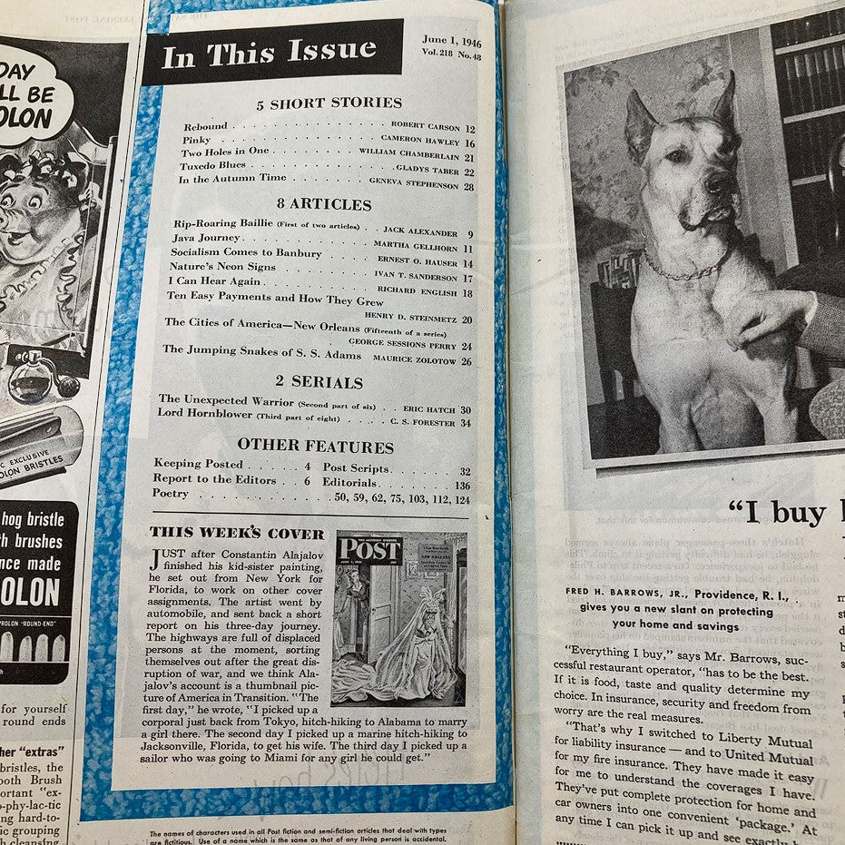 Table of contents page from The Saturday Evening Post June 1, 1946, showcasing featured stories including "I Can Hear Again" by Richard English, with various short stories and articles listed.