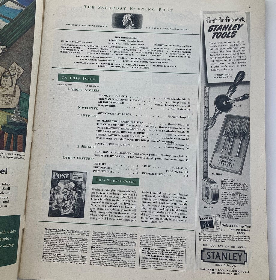 Inside page of The Saturday Evening Post March 10, 1951, displaying the table of contents and article listings, including "Vinson: He Makes the Generals Listen".