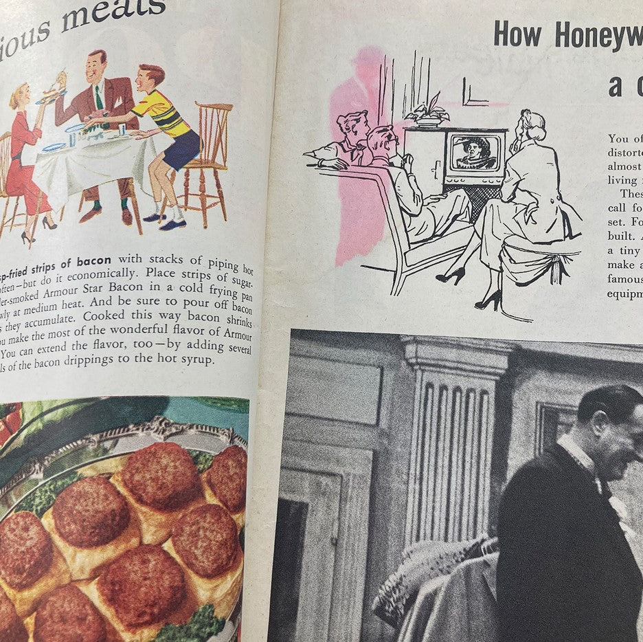 Interior page of The Saturday Evening Post September 29 1951, showcasing a family dining scene with cooking tips featuring bacon.