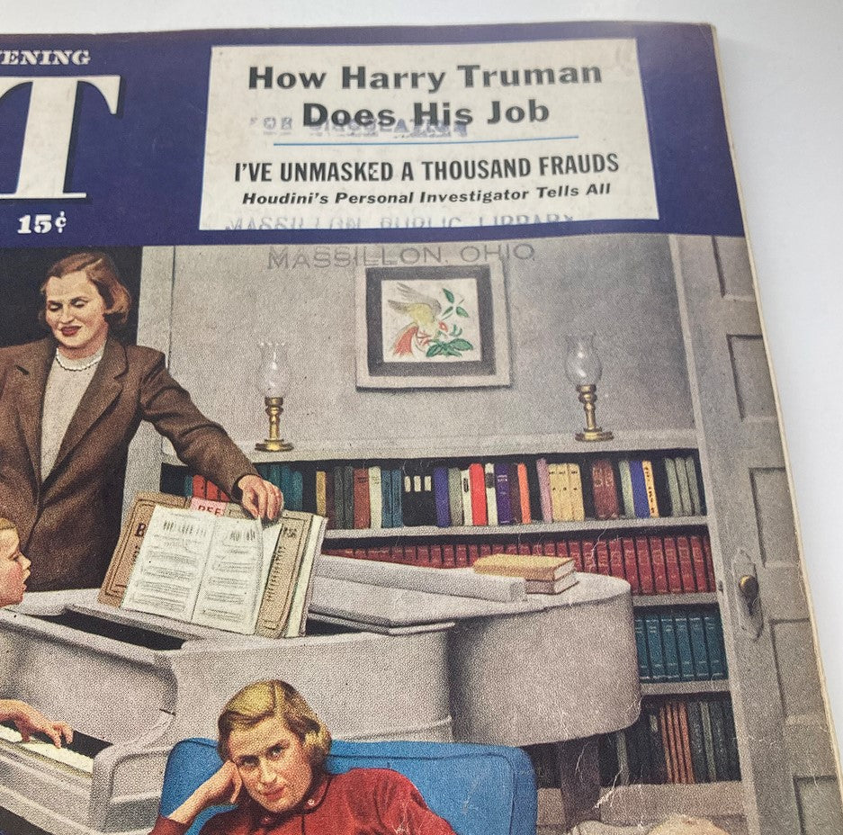 Close-up of The Saturday Evening Post March 3 1951 magazine cover highlighting the headline 'I've Unmasked A Thousand Frauds' and the subtitle 'How Harry Truman Does His Job', with illustrations of characters in a living room setting.