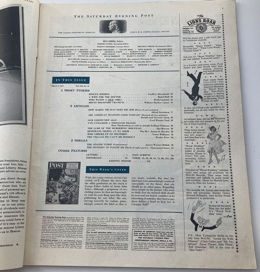 The Saturday Evening Post March 3 1951 interior page displaying the table of contents, showcasing various articles and stories of historic significance.