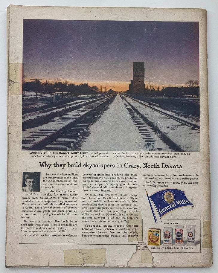 The Saturday Evening Post March 3 1951 back cover featuring an advertisement about skyscrapers in Crary, North Dakota, reflecting the agricultural economy of the era.