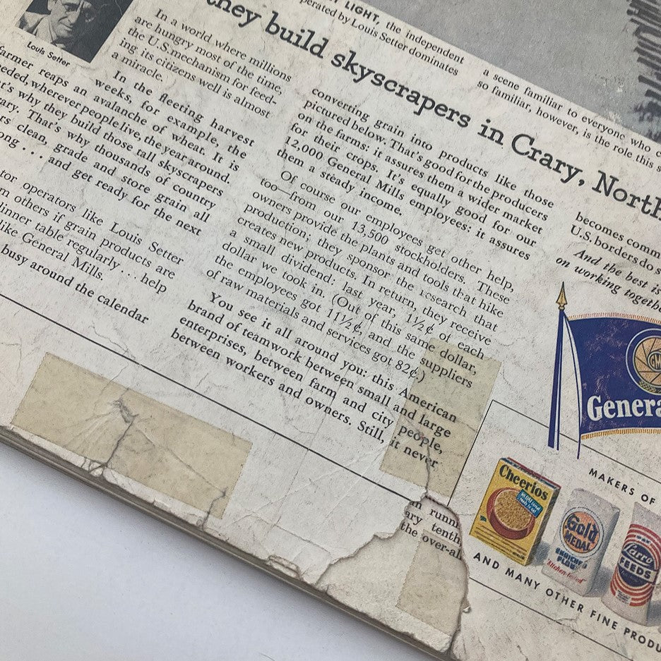 The Saturday Evening Post March 3 1951 close-up image of the back cover detailing a discussion about grain products, symbolizing the importance of agriculture in mid-20th century America.